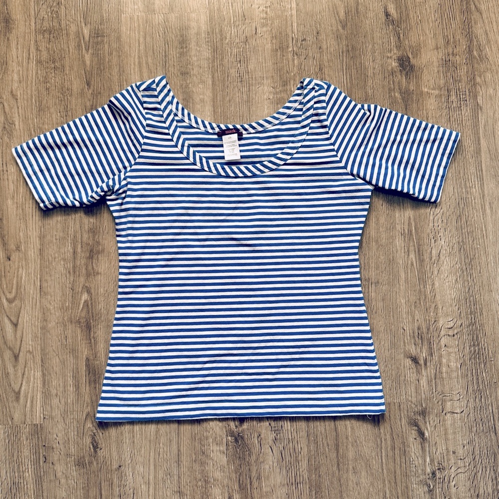 Blue and white stripe boat neck top, L by Mark